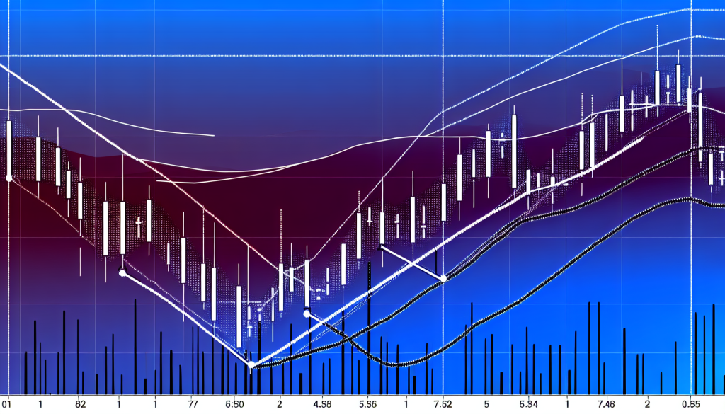 An abstract digital trading chart featuring a series of white candlesticks and complex data lines on a blue and purple gradient background, illustrating the technical concept of the Bearish Side-by-Side White Lines pattern.
