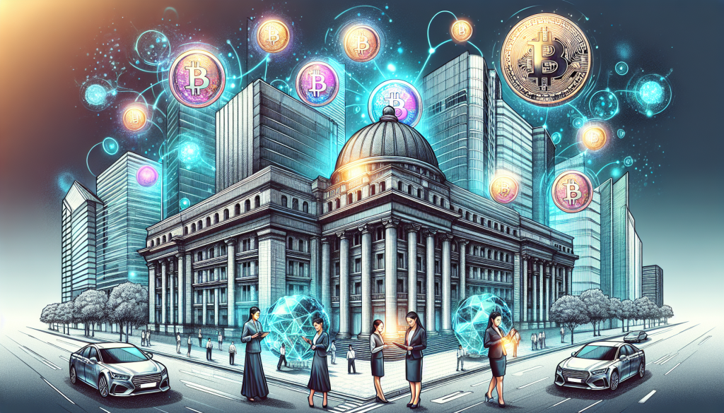 An artistic illustration of a grand neoclassical building representing a financial institution, surrounded by futuristic city skyscrapers and floating Bitcoin symbols, symbolizing the institutional adoption of Bitcoin.