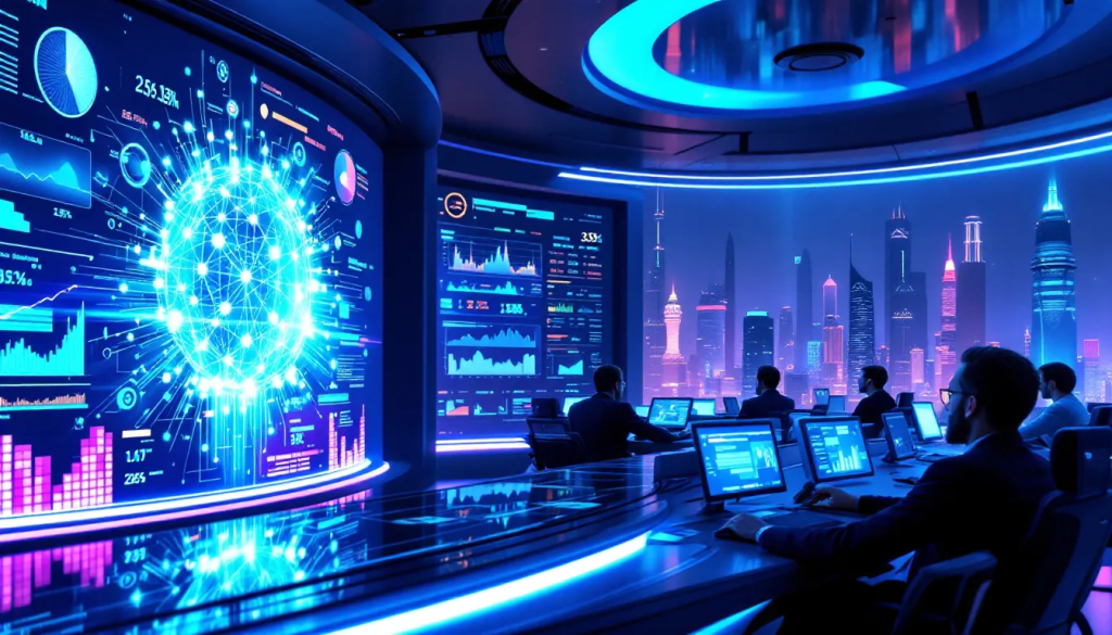 A futuristic command center where professional institutional traders analyze massive curved screens displaying Solana global market data, $SOL futures open interest, and network health metrics.