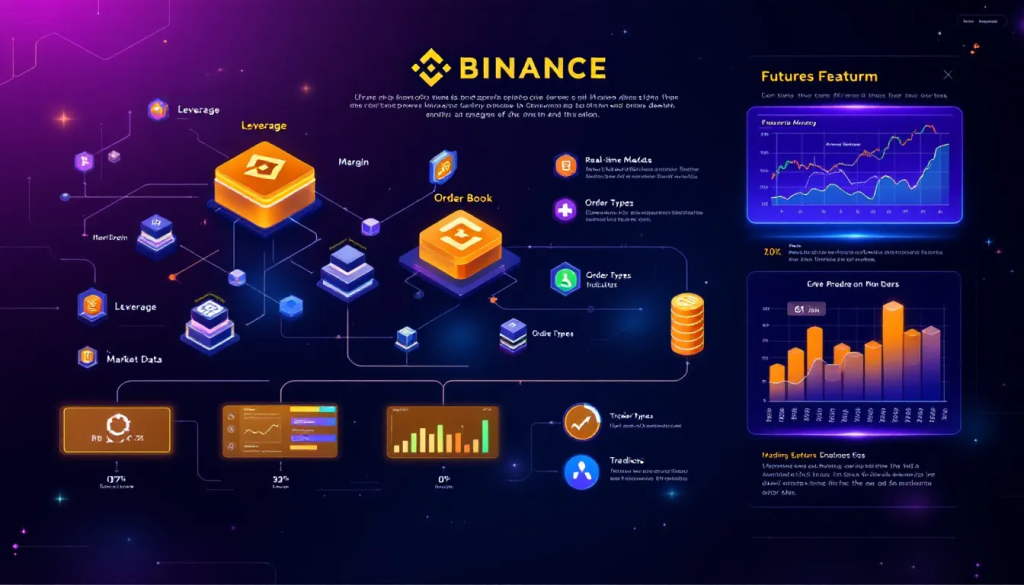 A professional digital dashboard of the Binance Futures platform on a laptop and tablet, showing the USDⓈ-M perpetual contract interface with BNB price charts, order books, and leverage settings.