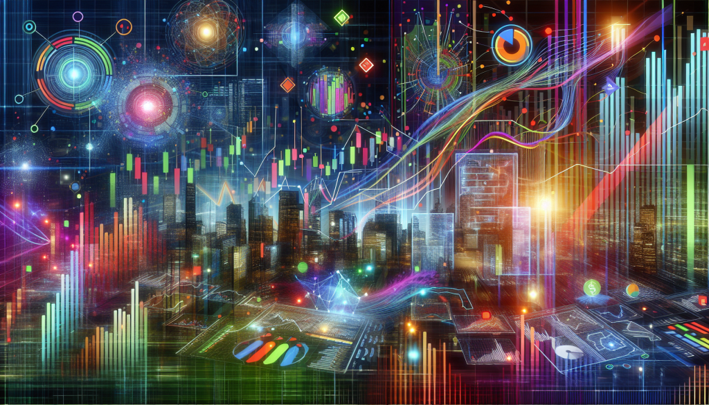 A vibrant, complex digital visualization of a futuristic city skyline overlaid with glowing financial charts, candlestick graphs, data nodes, and neural network lines representing advanced machine learning in trading strategies.