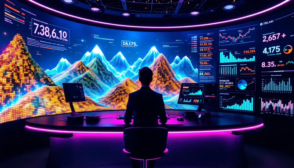 A trader viewed from behind sitting in a high-tech trading room with massive panoramic screens displaying "Avalanche" data, mountain-themed 3D visualizations, and complex financial analytics.
