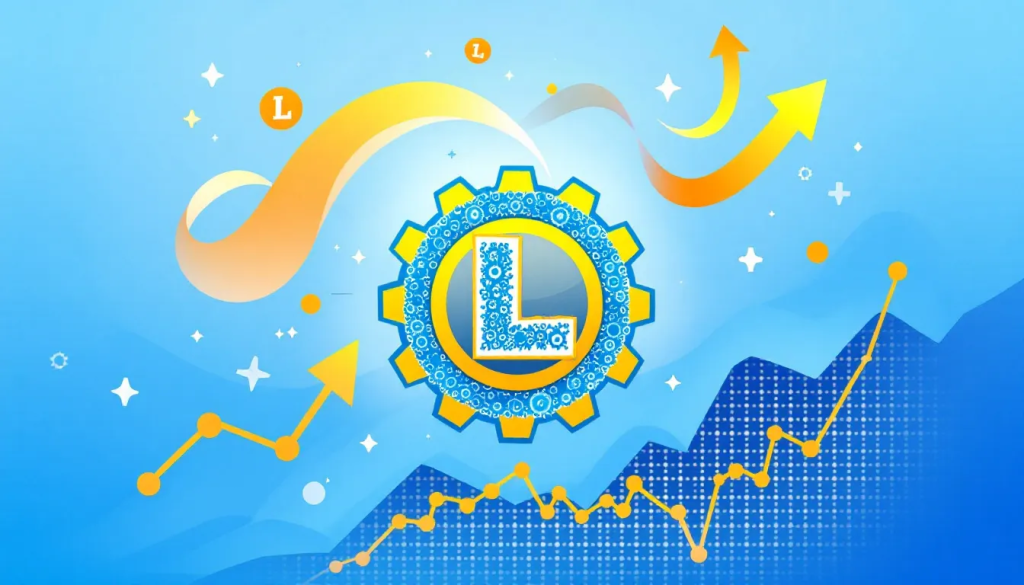 A digital graphic showing the Litecoin logo inside a yellow gear surrounded by upward-pointing arrows and a rising price line chart.