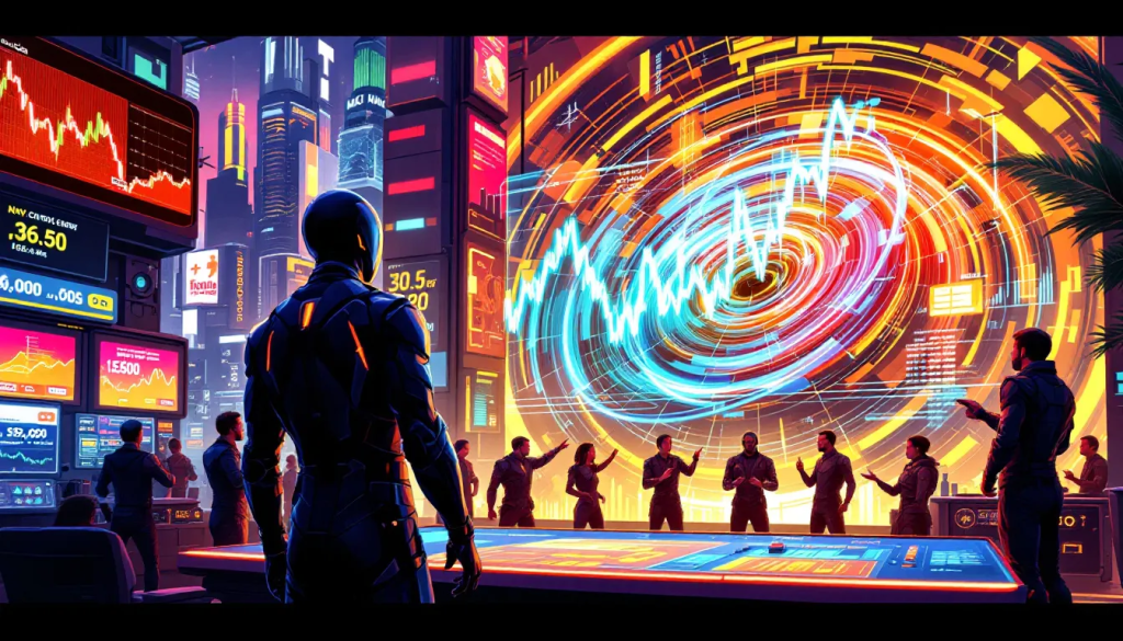 A futuristic trading command center where a person in a high-tech suit monitors a massive, swirling orange and blue holographic price chart showing aggressive market momentum.