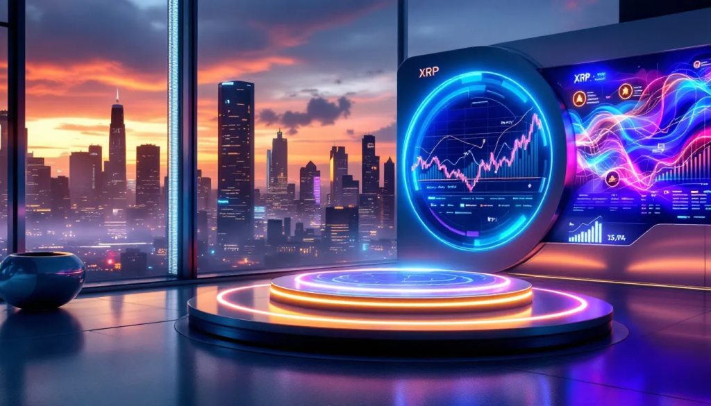 A professional digital trading room overlooking a sunset cityscape, featuring large neon holographic displays of the XRP logo and complex multi-colored price waves for portfolio analysis.