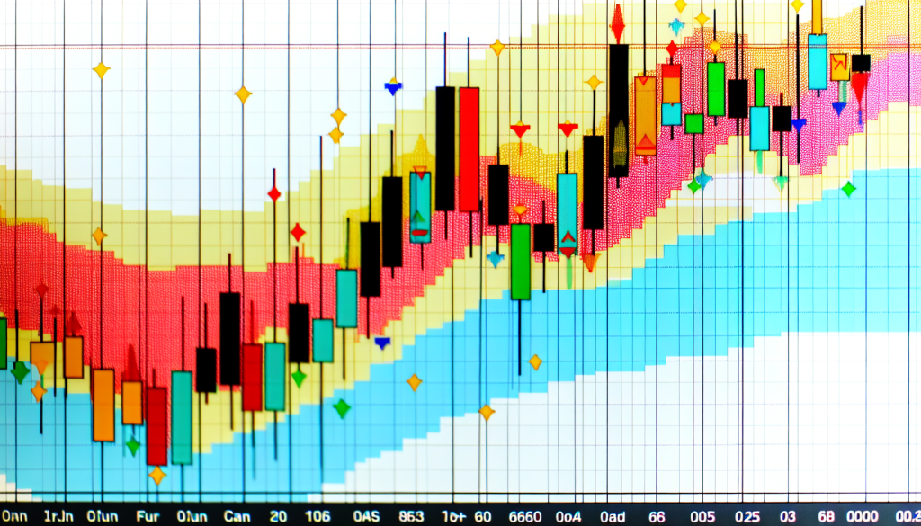 A complex technical analysis chart displaying various candlestick formations, including the Bullish Marubozu, overlaid with colorful volatility bands and momentum indicators. The chart illustrates how the pattern interacts with dynamic support and resistance zones in a live market environment.