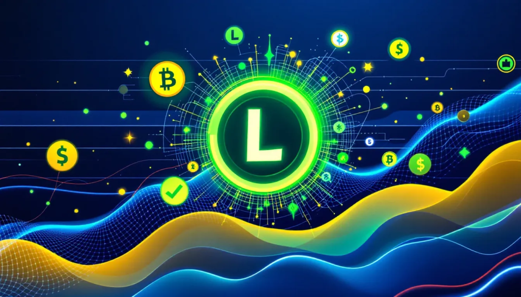 A high-tech digital display featuring a 3D Litecoin (LTC) coin surrounded by glowing blue and orange data streams, symbolizing market dynamics and price movement.