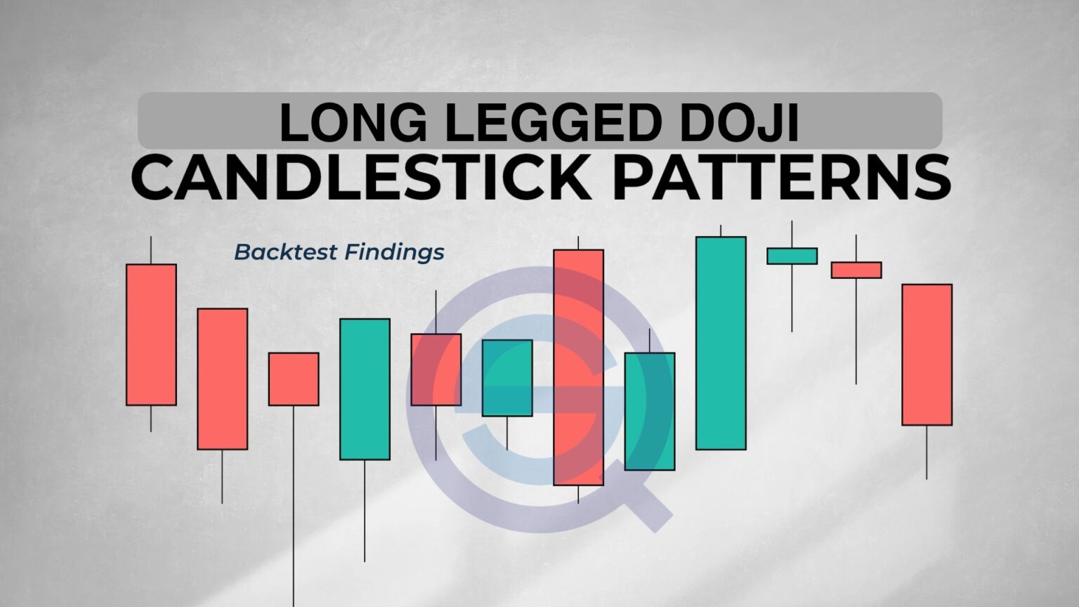 A professional article banner for "Long Legged Doji Candlestick Patterns: Backtest Findings," featuring a series of stylized red and green candlesticks over a target logo on a light gray background.