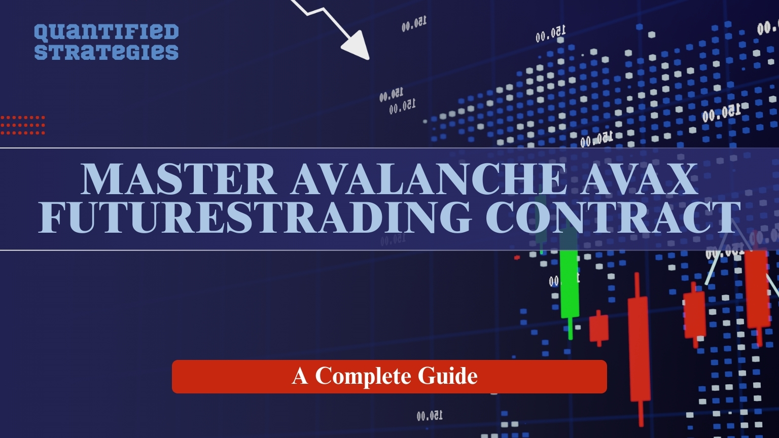 A professional title card for "Master Avalanche AVAX Futures Trading Contract: A Complete Guide" from Quantified Strategies, featuring red and green candlesticks and a global map background.