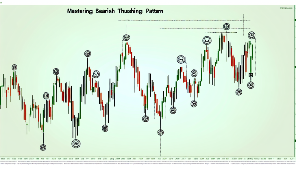 A comprehensive financial chart titled "Mastering Bearish Thrusting Pattern," featuring a series of green and red candles with various technical markers and icons used to identify multiple thrusting signals across a fluctuating market trend.