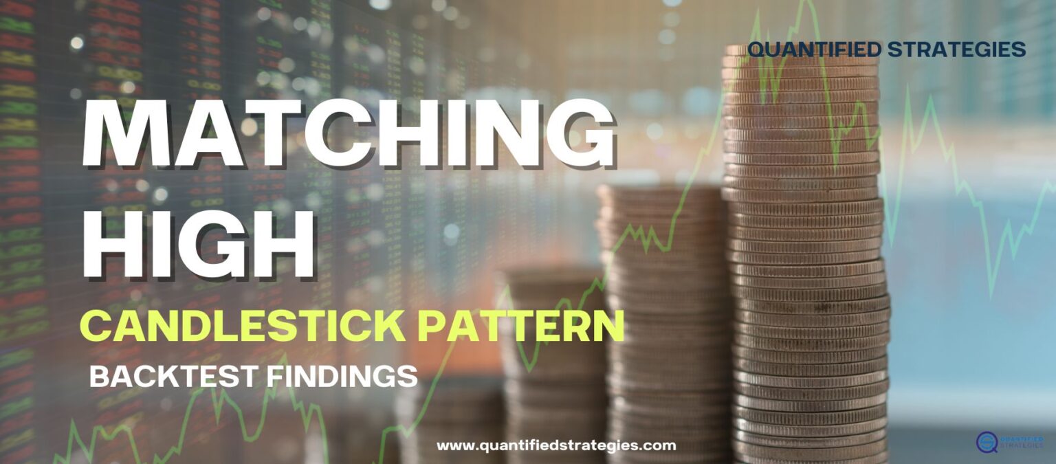 A professional featured image for "Matching High Candlestick Pattern: Backtest Findings" showing the article title over a background of financial market data and rising stacks of coins, branded by Quantified Strategies.