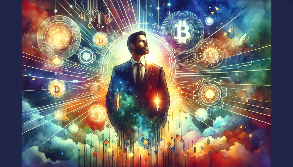 A vibrant watercolor-style digital painting of a visionary business leader in a suit, surrounded by glowing celestial Bitcoin symbols and intricate circuit patterns, representing Michael Saylor's future vision for Bitcoin.