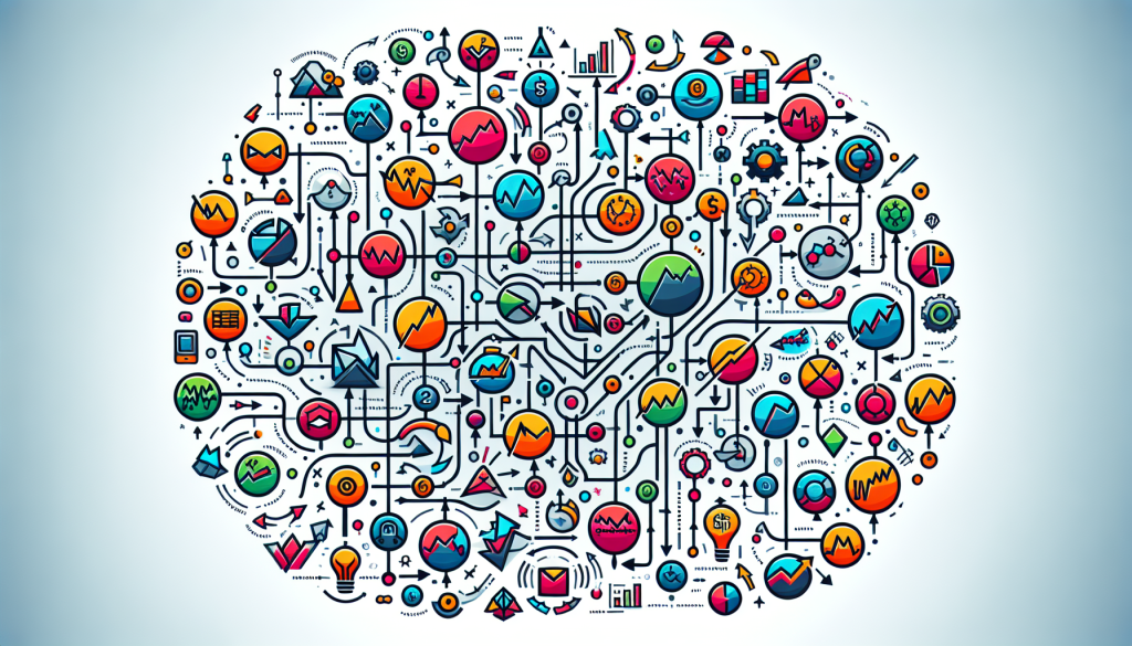 A circular conceptual illustration of a complex momentum strategy, featuring interconnected financial icons, line graphs, and data nodes representing algorithmic decision-making.