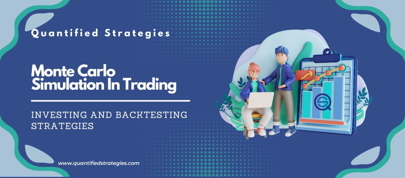 A professional 3D article banner titled "Monte Carlo Simulation In Trading: Investing and Backtesting Strategies" featuring two stylized characters working on a laptop next to a large clipboard displaying a bar chart.