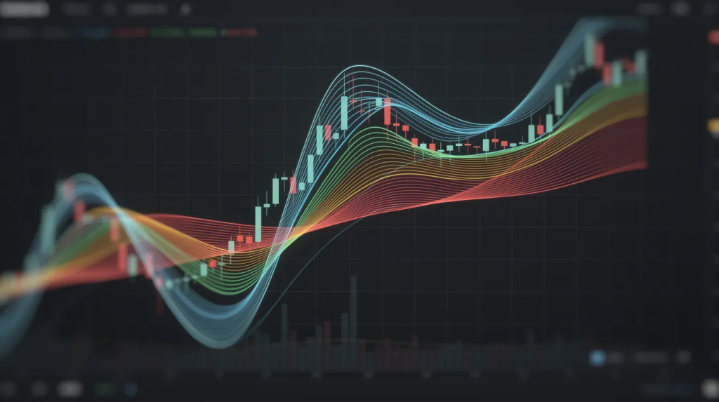 A professional trading banner titled "Moving Average Ribbon Strategy" with the subtitle "Signals, Setups, Backtest, and Practical Trading Uses."