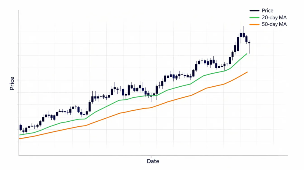 A technical candlestick price chart illustrating a Moving Average Crossover Strategy.