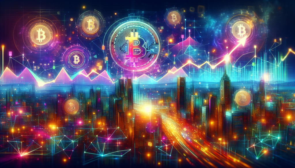 A vibrant, futuristic digital art piece depicting a glowing Bitcoin symbol rising over a high-tech city skyline with glowing data lines and upward-trending charts, representing Bitcoin's role in navigating economic uncertainty.