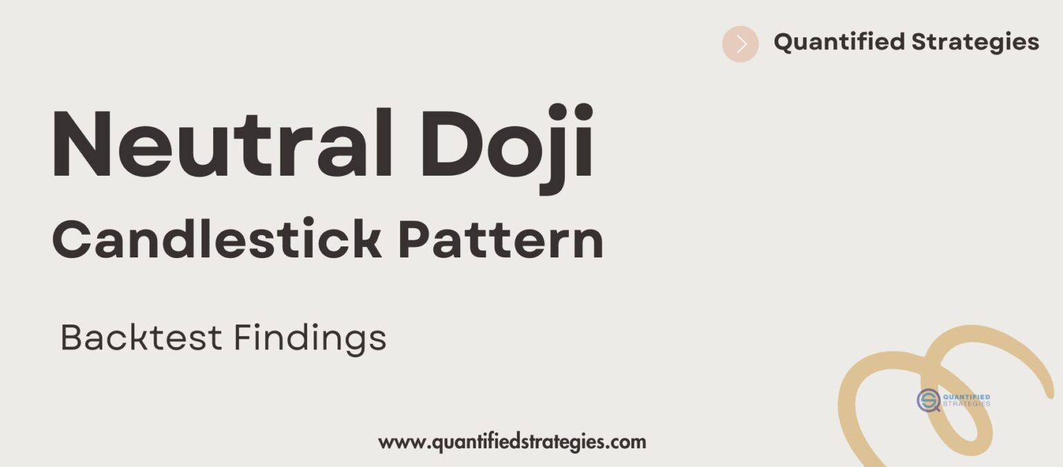 A clean, professional featured banner for the "Neutral Doji Candlestick Pattern: Backtest Findings" article by Quantified Strategies, featuring bold black text and a minimalist tan graphic on a light grey background.
