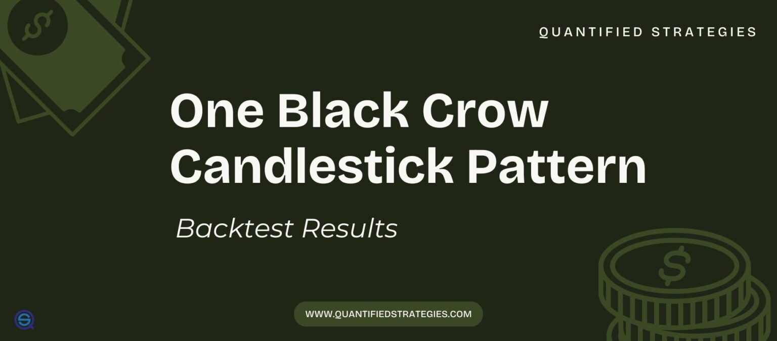 A professional banner for "One Black Crow Candlestick Pattern: Backtest Results" by Quantified Strategies, featuring a dark olive background with white text and subtle illustrations of currency coins and bills.