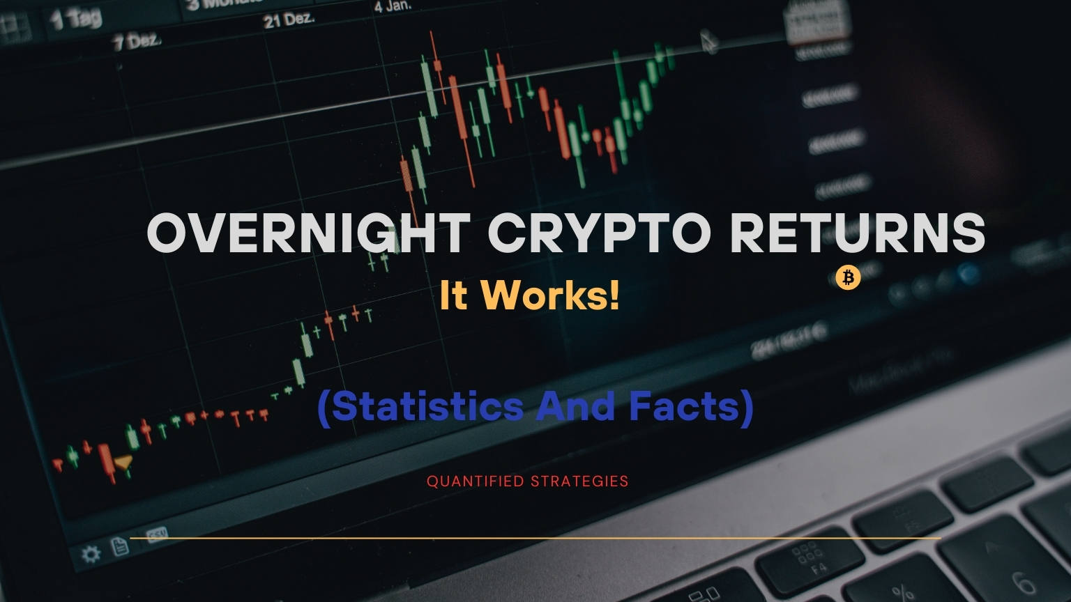 A professional title card for "Overnight Crypto Returns – It Works! (Statistics And Facts)" featuring the Quantified Strategies logo over a laptop screen displaying a green and red candlestick price chart.