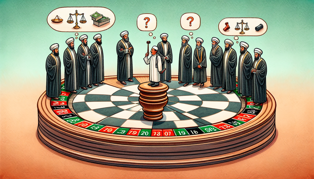 A detailed digital illustration depicting a theological debate on the permissibility of day trading.