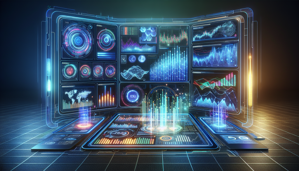 A sophisticated 3D digital dashboard representing portfolio management with AI, featuring multiple holographic screens displaying global maps, bar charts, candlestick graphs, and glowing data nodes on a dark grid floor.