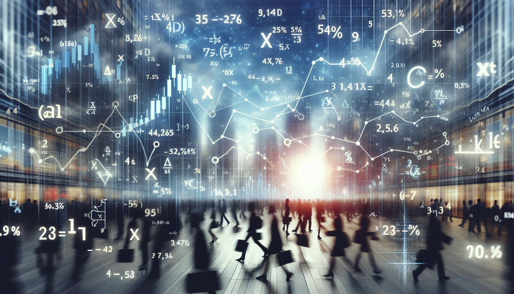 A cinematic visualization of a busy city plaza with commuters overlaid with glowing mathematical equations, percentages, and financial line charts, representing the intersection of human behavior and quantitative data.