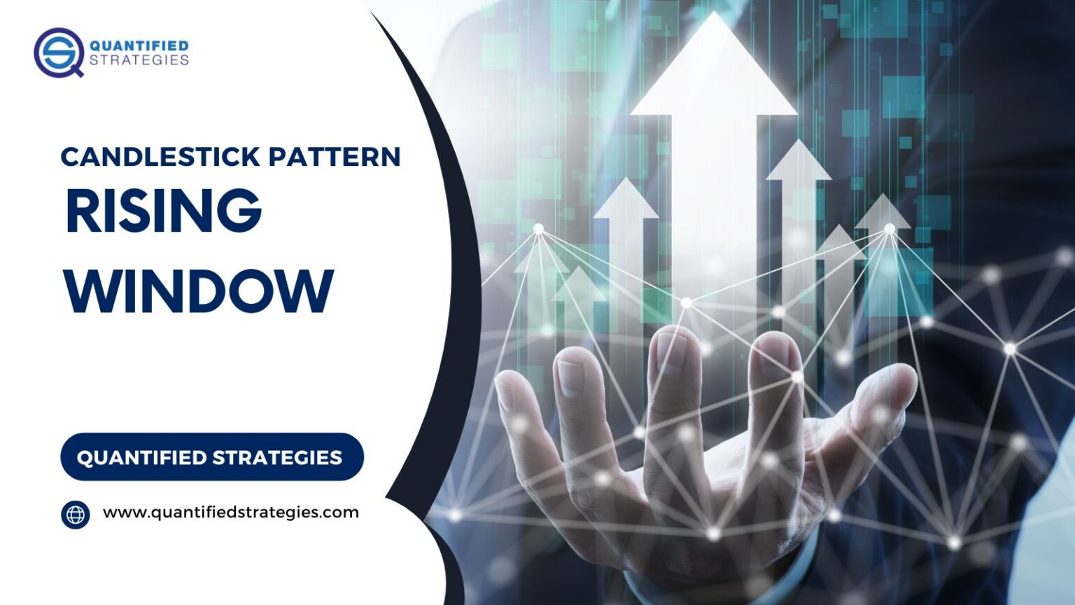 A professional article hero banner for the Rising Window Candlestick Pattern. The title is displayed in bold navy blue text on a clean white background.