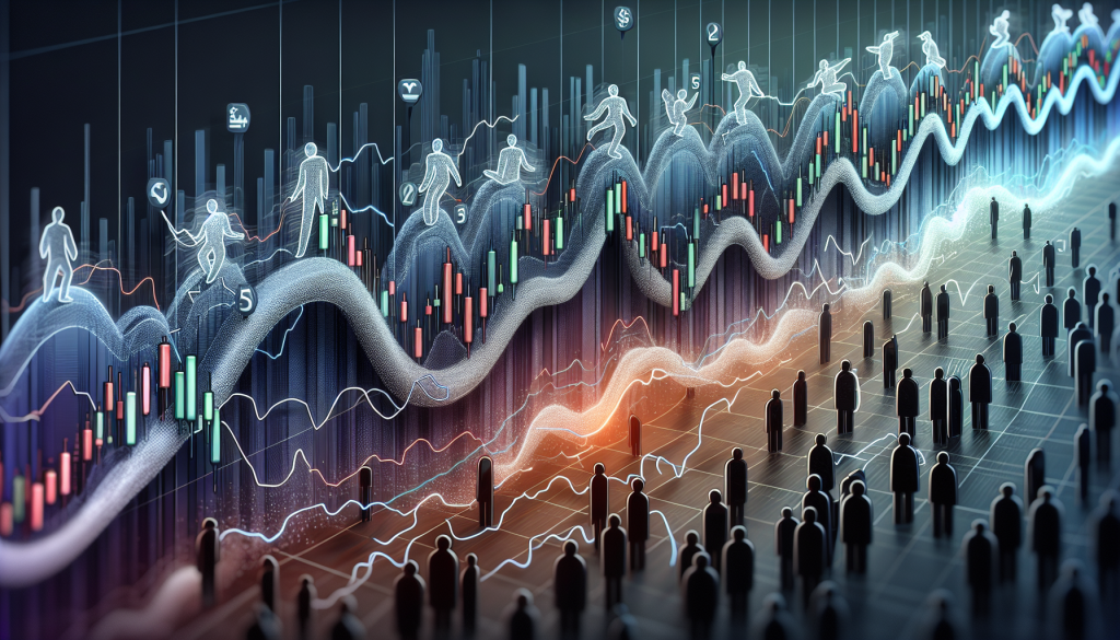 A conceptual digital illustration showing multiple traders observing a large, glowing wave-like line graph representing risk characteristics and market volatility through historical backtesting.