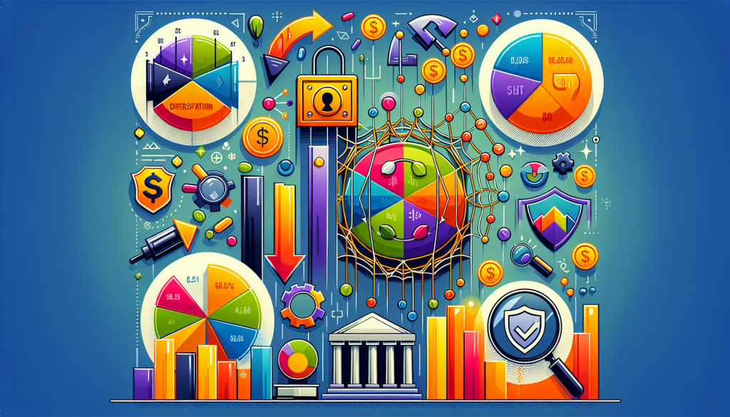 A colorful, flat-design infographic illustrating various risk management techniques in trading, featuring icons for diversification pie charts, security padlocks, protective shields, magnifying glasses for auditing, and stable bank buildings.