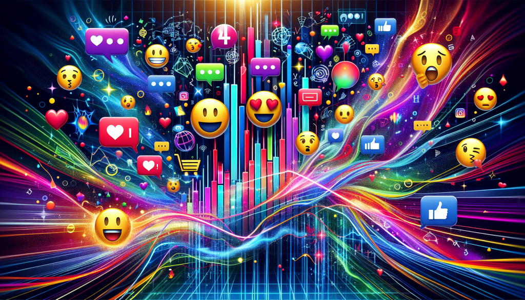 A vibrant digital visualization of sentiment analysis in AI trading, featuring colorful social media emojis, speech bubbles, and "like" icons floating around glowing financial candlestick charts and data streams.