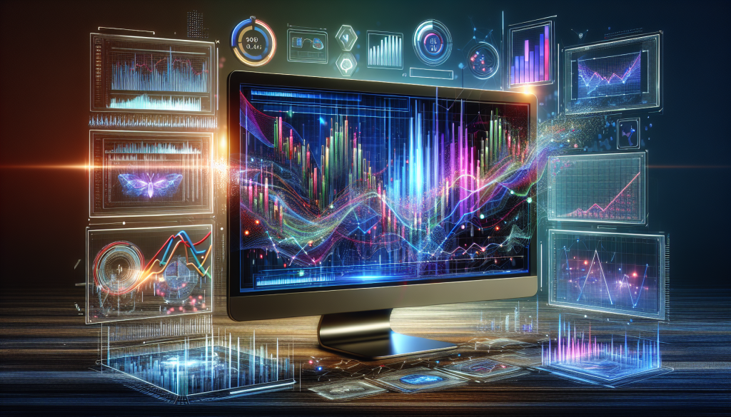 A high-tech digital visualization of a backtesting environment, featuring a central monitor displaying glowing candlestick charts, data nodes, and various analytical windows used for backtesting AI trading strategies.