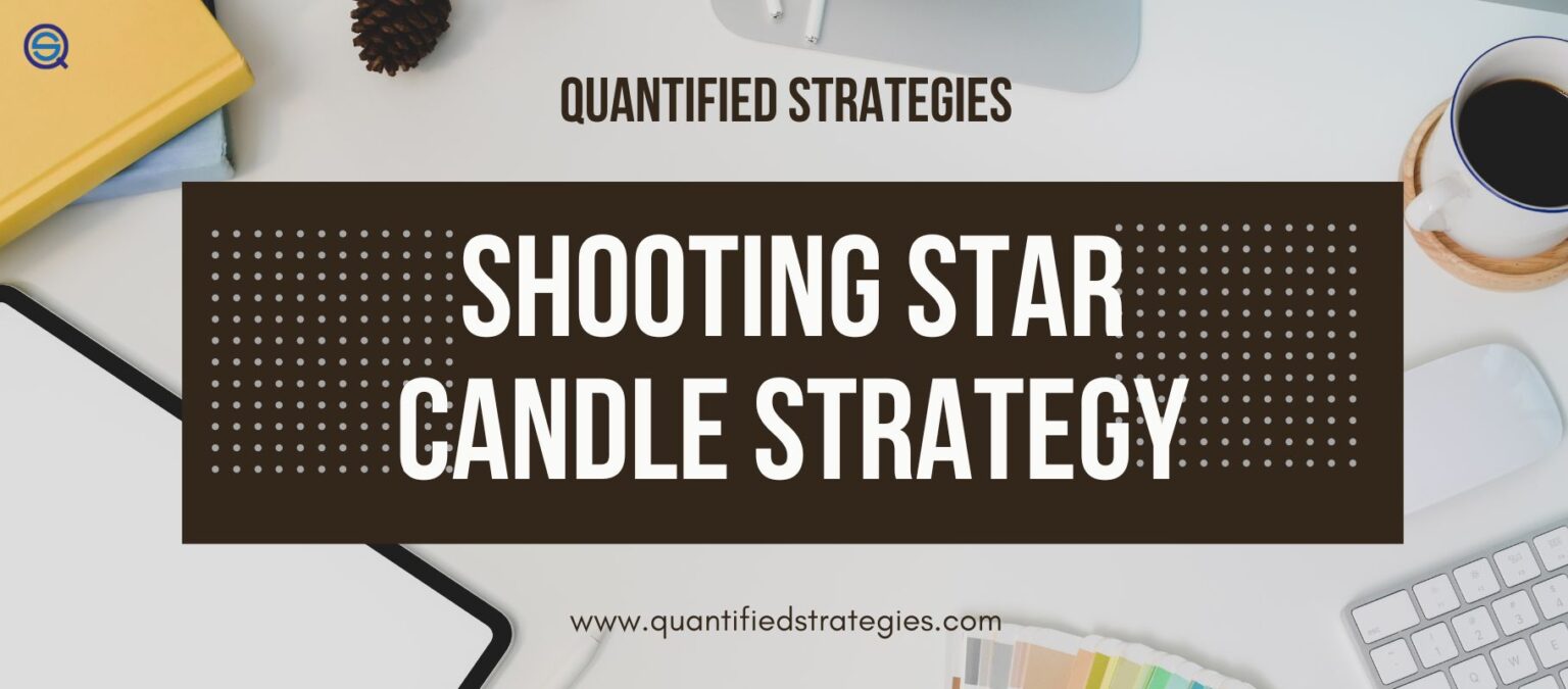 A professional article banner for "Shooting Star Candle Strategy" by Quantified Strategies. The image shows a clean, top-down view of an office desk with a white keyboard, a tablet, a coffee mug, and a notebook, with the title text centered in a dark brown box.