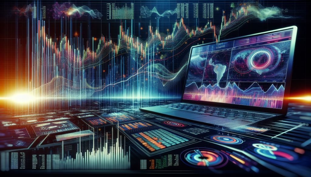 A high-tech digital visualization of a trading simulation featuring a laptop displaying global maps and charts, surrounded by glowing 3D financial data streams and vertical bar graphs on a dark grid.