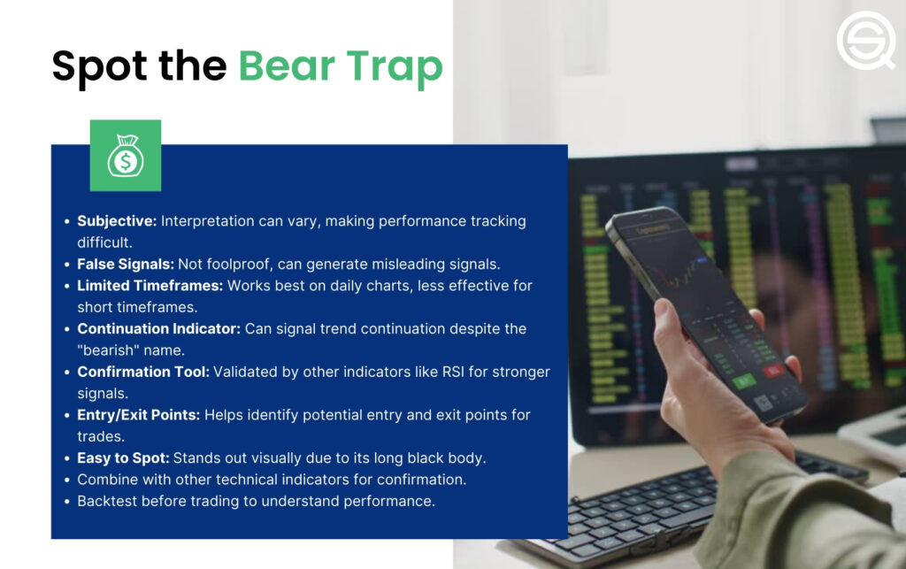 An educational infographic titled "Spot the Bear Trap," listing key trading risks and considerations for the Bearish Engulfing candlestick pattern, including subjectivity, false signals, and the need for confirmation tools like RSI.