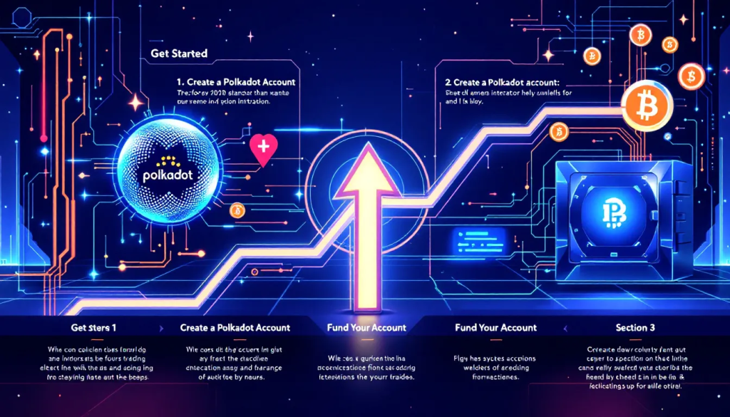 A blue and purple digital infographic showing steps to start trading Polkadot futures, featuring a "Get Started" section, account creation, and a large glowing upward arrow connecting to a secure digital vault.