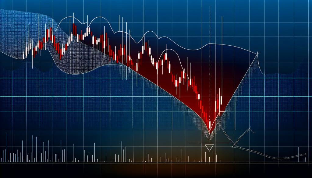 A high-contrast technical analysis chart showing a steep red downtrending price channel meeting a reversal point, with white line overlays and a grid background.