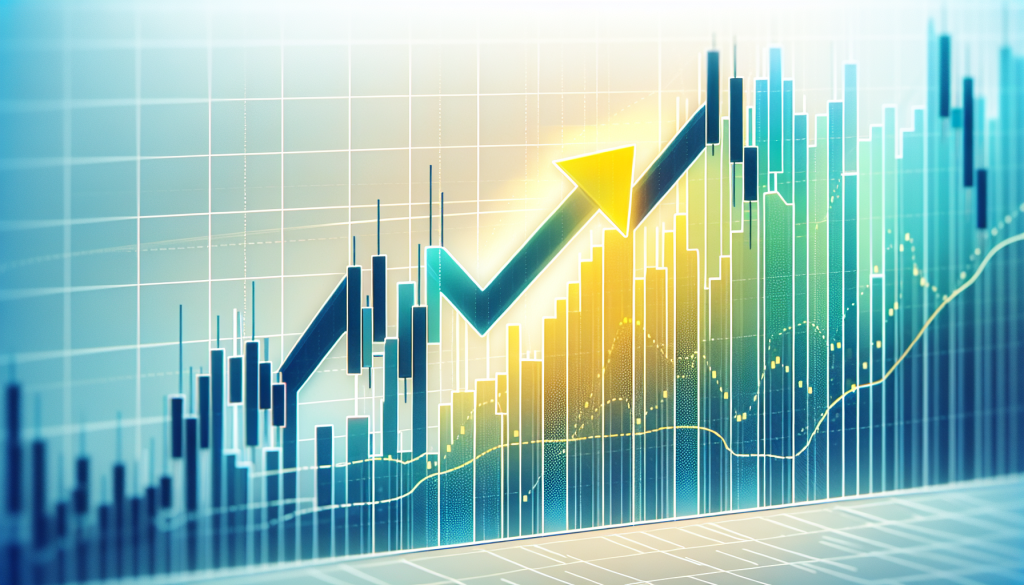 A professional trading chart visualization illustrating the success rate of a Rising Window candlestick pattern. The image shows a clear price gap (the window) followed by a sharp upward trajectory marked by a large yellow arrow, symbolizing strong bullish continuation and trend reliability.