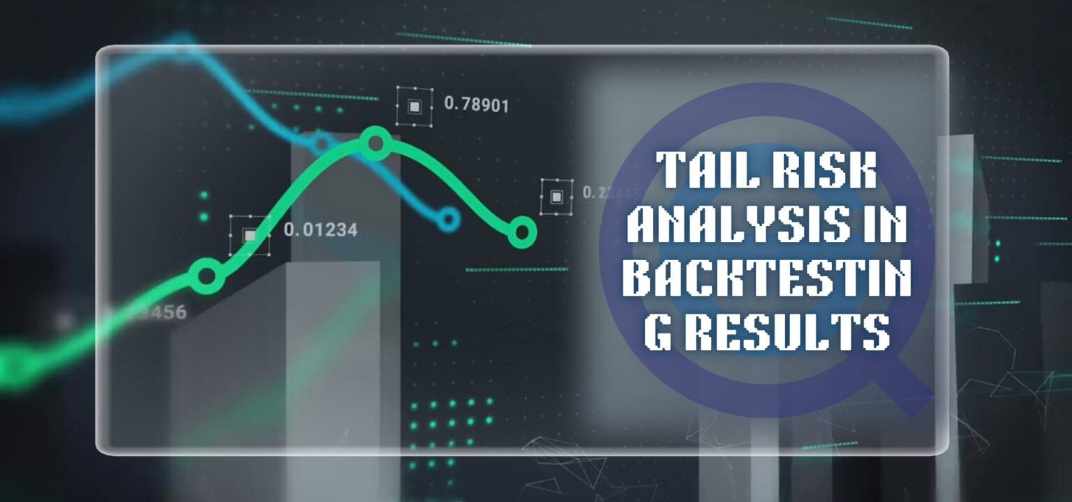 A professional article banner for Quantified Strategies titled "Tail Risk Analysis in Backtesting Results" featuring a stylized green line graph and bar charts representing data distribution and extreme loss events.