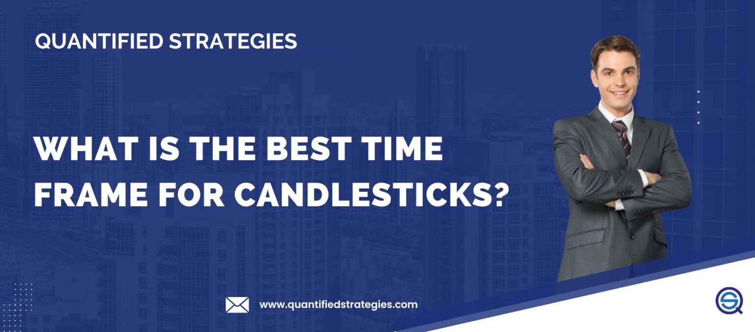 Professional featured banner for "What Is The Best Time Frame For Candlesticks?" featuring a businessman in a suit against a blue city skyline background with Quantified Strategies branding.
