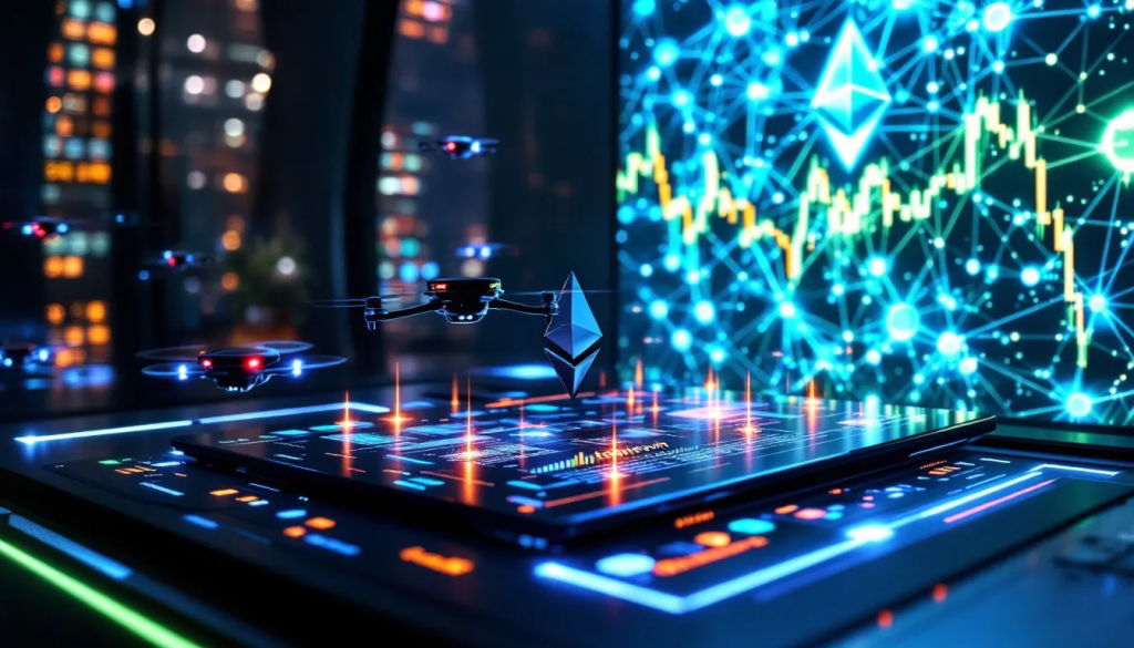 A high-tech digital interface featuring an Ethereum diamond logo floating above a touch-screen console, surrounded by micro-drones and complex glowing data networks with real-time price charts.