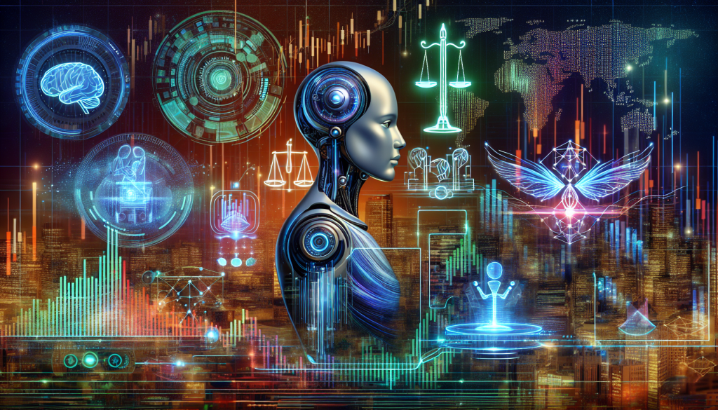 A futuristic digital art piece featuring a robotic profile surrounded by symbols of financial technology, including scales of justice, world maps, neural networks, and glowing market charts, representing the ethics and future of machine learning in trading strategies.