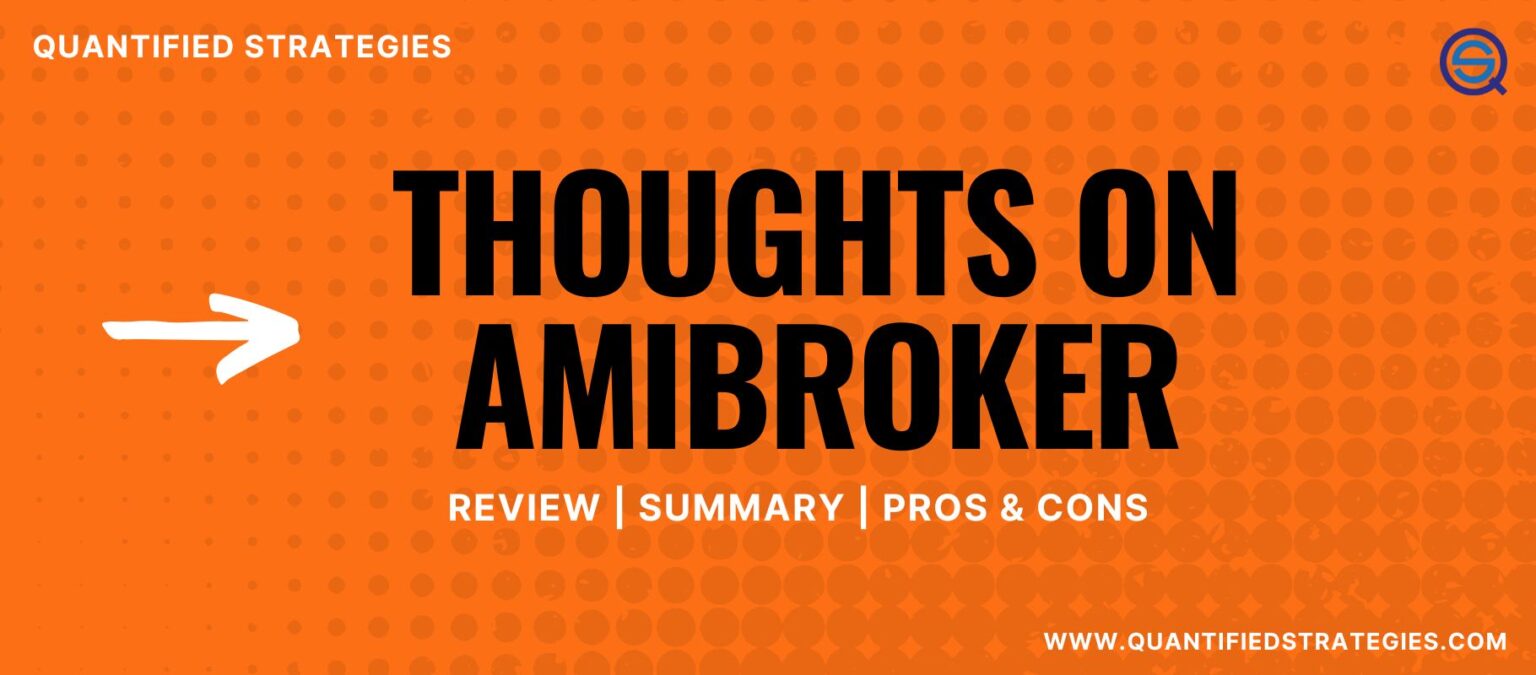 A professional article banner for Quantified Strategies titled "THOUGHTS ON AMIBROKER" with the subtitle "REVIEW | SUMMARY | PROS & CONS" on a vibrant orange dotted background.