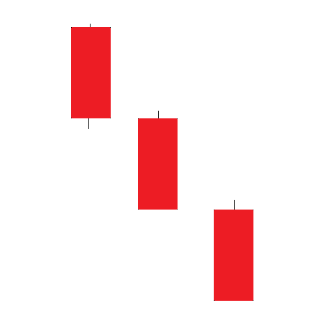 A diagram showing three consecutive long-bodied red bearish candlesticks descending in a staircase pattern, representing the Three Black Crows candlestick formation.