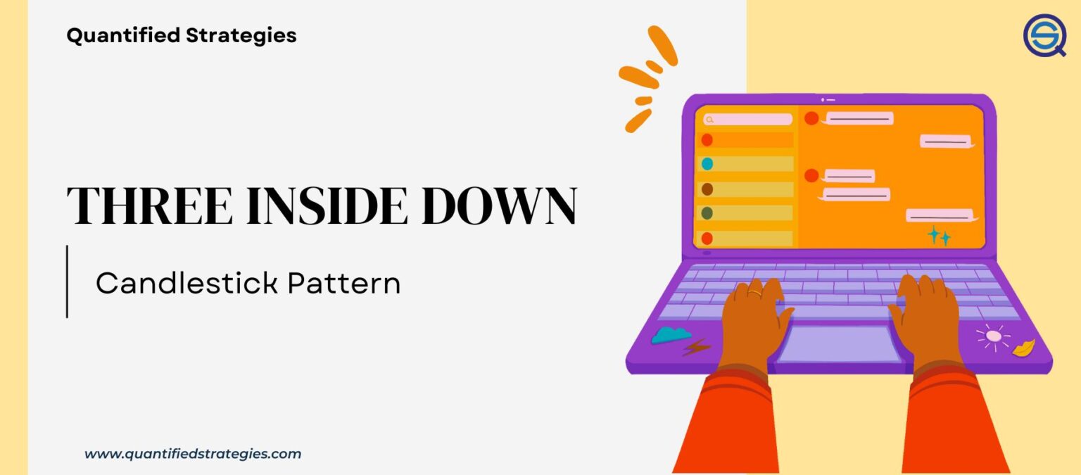 Featured article header for "Three Inside Down Candlestick Pattern" by Quantified Strategies, featuring a professional trader pointing to a digital financial chart with glowing price bars and data trends.