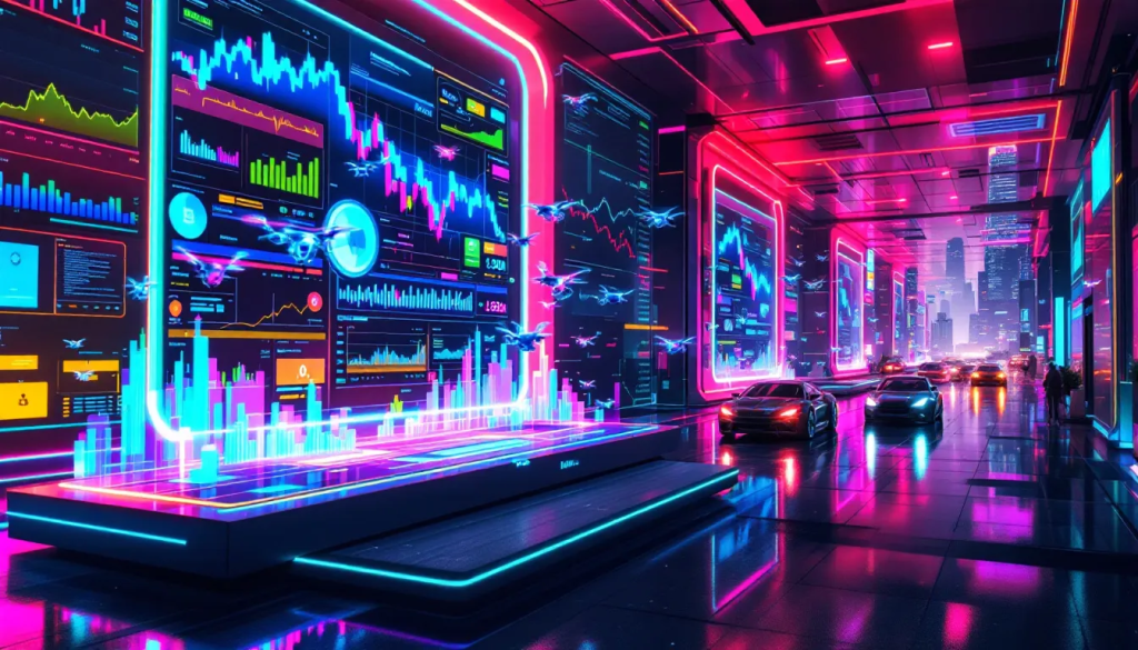A futuristic, neon-lit street scene featuring large holographic displays of Dogecoin price charts, trading data, and glowing pink and blue analytical interfaces in a high-tech city.