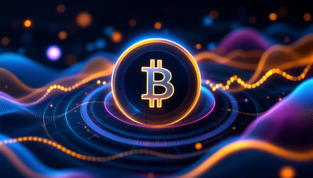 A glowing gold Bitcoin symbol centered within concentric digital rings, set against a background of flowing blue and orange waves representing market volatility and trading dynamics.