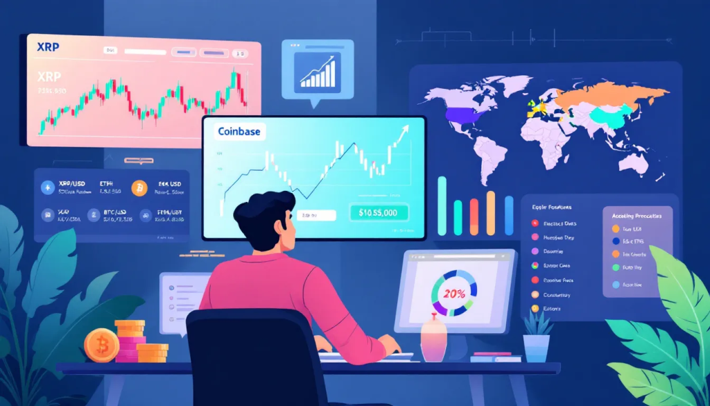 A digital interface of the Coinbase Advanced trading platform on a mobile device and laptop, showing a specialized XRP futures trading contract dashboard with real-time $XRP price charts and leverage options.