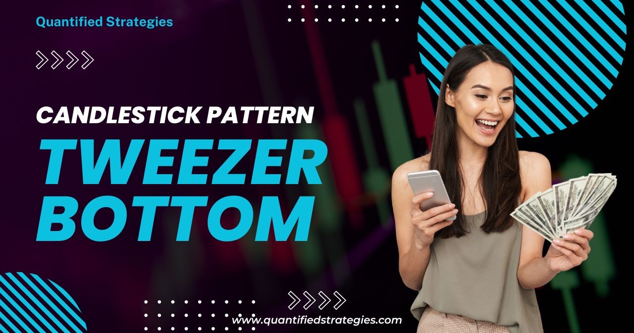 A professional article banner for the Tweezer Bottom Candlestick Pattern. The title is displayed in bold teal and white text on a dark background. To the right, a smiling woman holds a smartphone and a fan of US dollar bills, representing successful trading results. The Quantified Strategies logo and website URL are included.