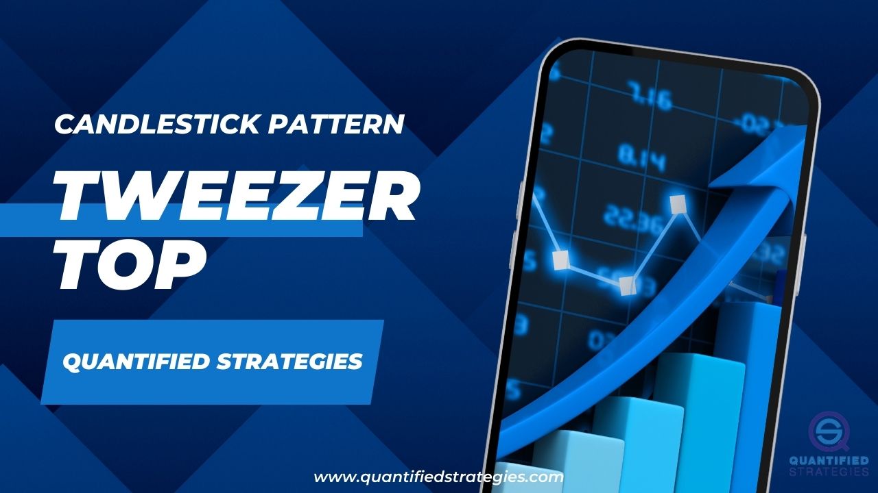 An article hero banner titled "Tweezer Top Candlestick Pattern" by Quantified Strategies. The graphic features a professional dark blue geometric background with a smartphone on the right displaying a glowing blue trend line and bar chart.